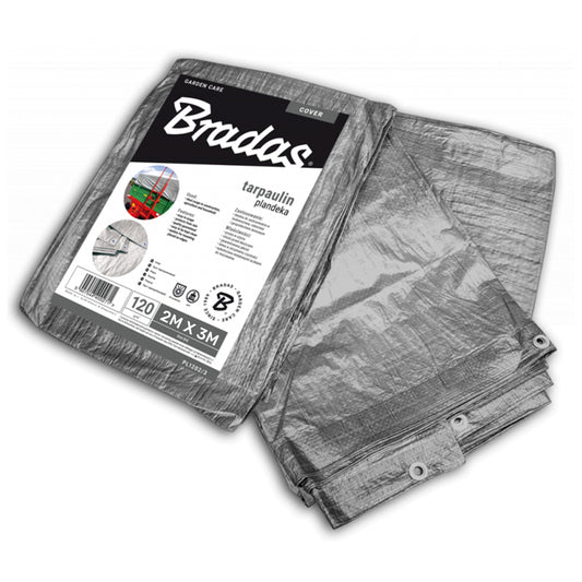 Silver tarpaulin 2m x 3m, folded, with package label and eyelets