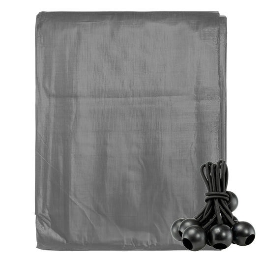 Grey L-grade tarpaulin sheet with black bungee balls, square cover