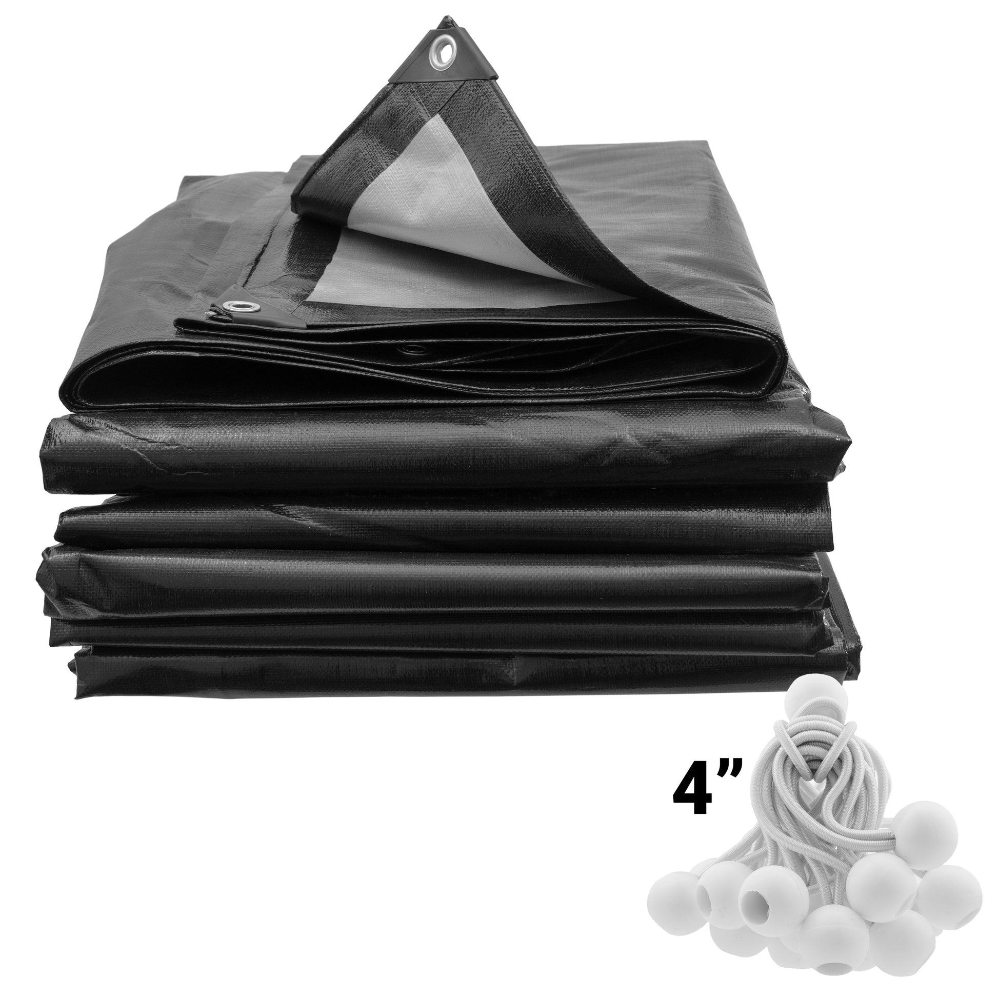 Black tarp with silver interior fold, reinforced grommet corner and seam details