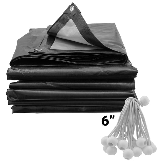Black tarpaulin stack with silver underside and top grommet; white bungee balls included
