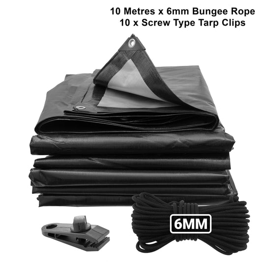 Black tarpaulin rolls with silver panel and tie-down bungee rope, 6mm