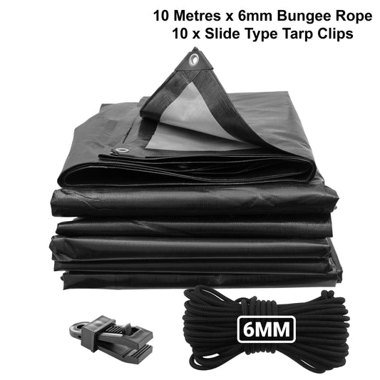Black/Silver tarpaulin bundle with 6mm bungee rope and slide tarp clips
