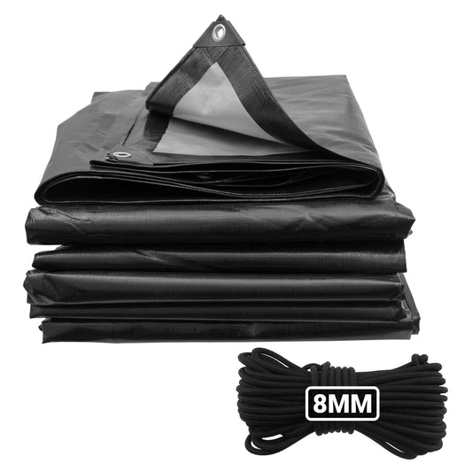 Black tarpaulin with silver panel and metal grommets; includes 8mm bungee rope