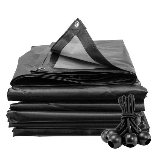 Black/silver tarpaulin folded with bungee balls and grommet corner
