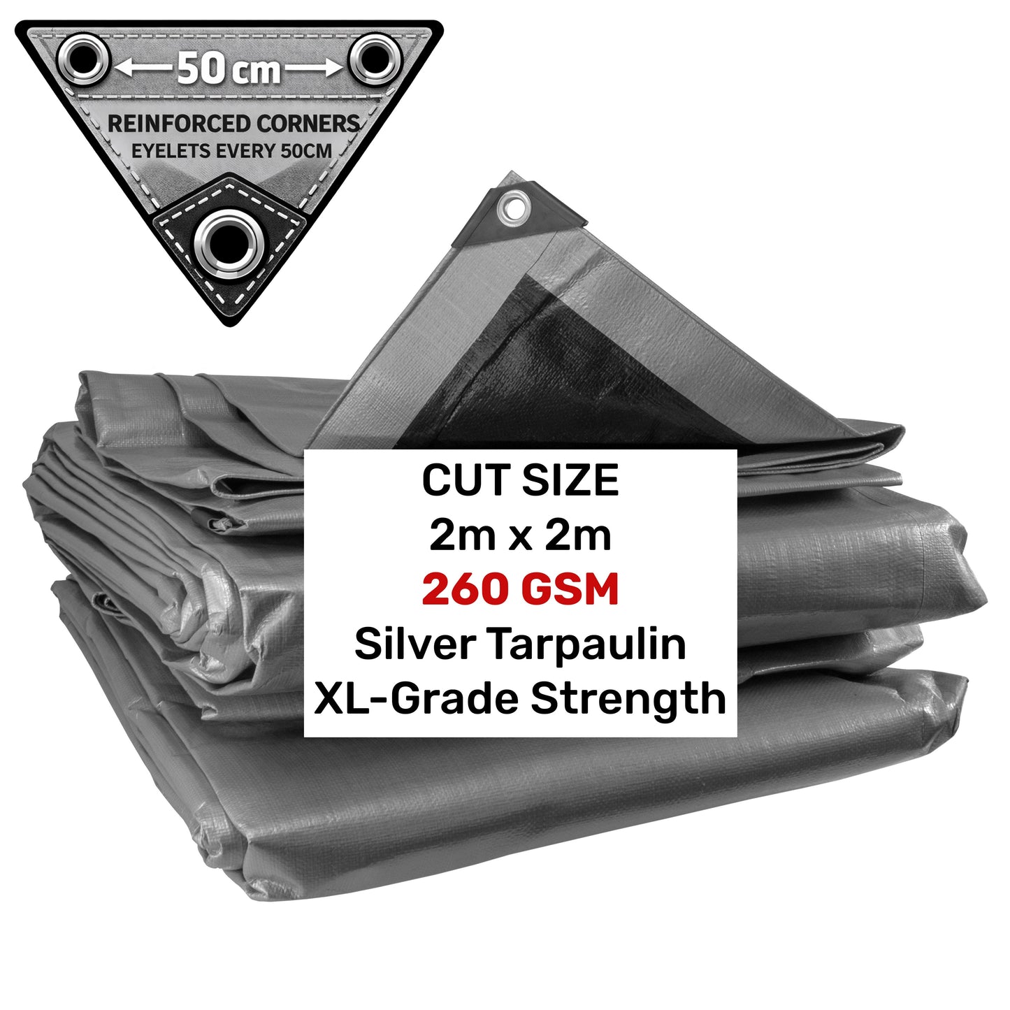 Silver tarpaulin 2m x 2m, XL strength, reinforced corners, eyelets every 50 cm