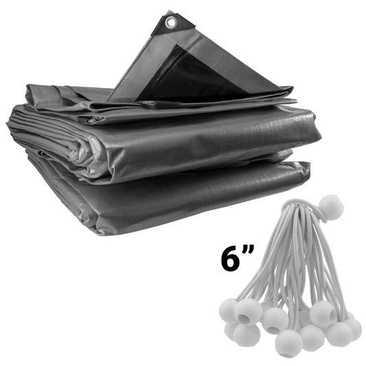 Silver tarpaulin with white bungee balls and corner grommet, folded bundle