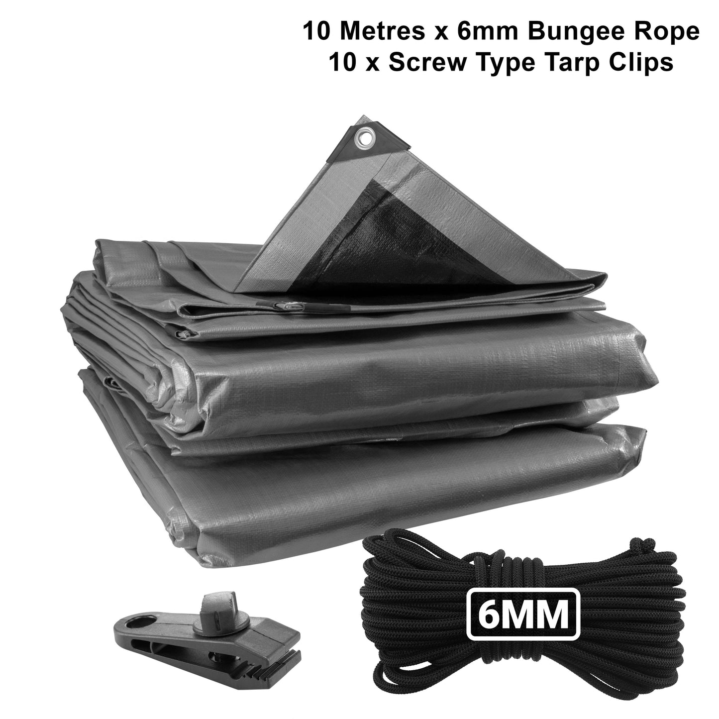 Silver tarpaulin stack with 6mm black bungee rope and screw tarp clips