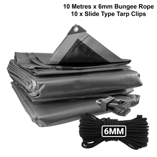 Silberne XL-Tarpplane mit 6mm Bungee-Seil und 10 Schiebeklemmen