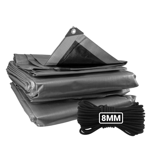 Silberne XL-Abdeckplane mit Ösen, inkl. 10 m 8-mm Bungee-Seil