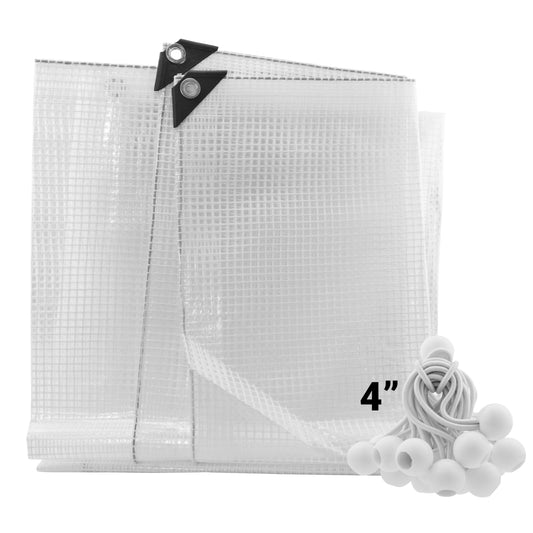 Clear tarpaulin sheet with black corner grommet points and 4 in white bungee balls