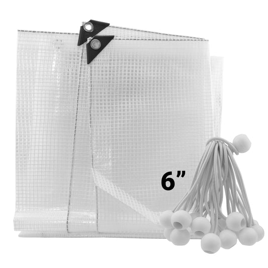 Clear XL-grade tarpaulin sheet with black corner grommets and 6-inch white bungee balls