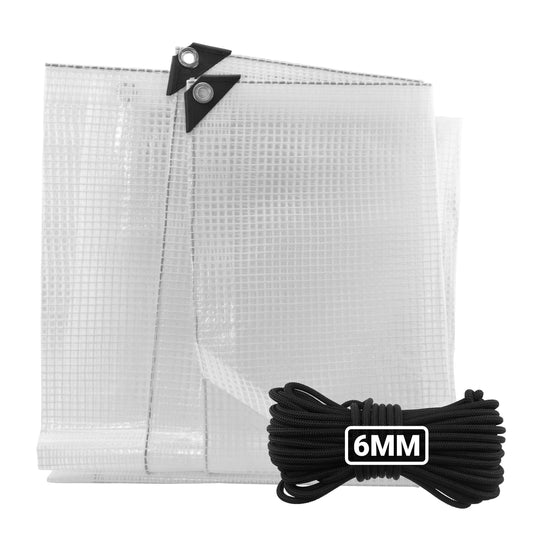 Clear tarpaulin sheet with black bungee rope, grommets and 6mm cord shown