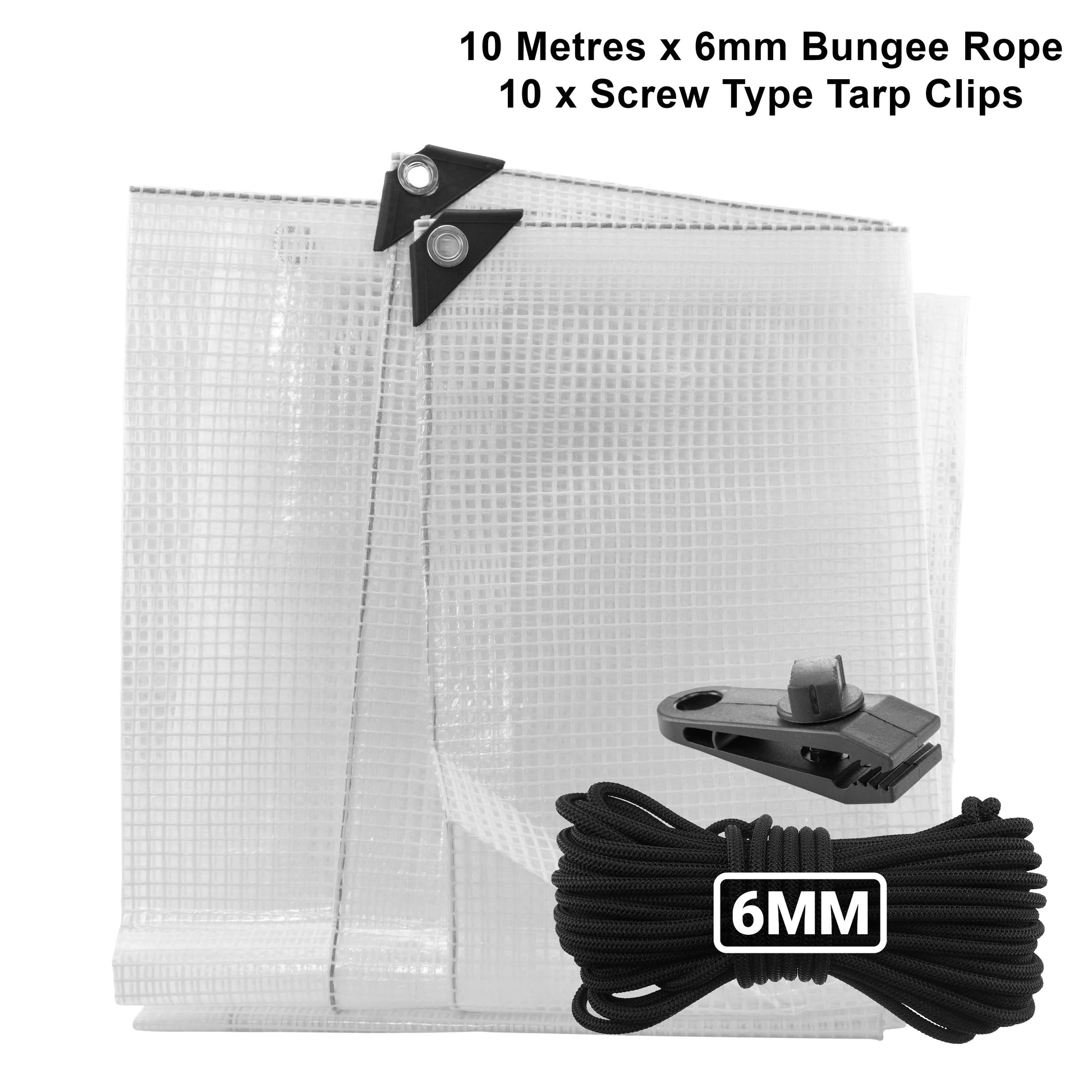 Clear XL tarpaulin with screw tarp clips and folded corners; includes 6mm bungee rope