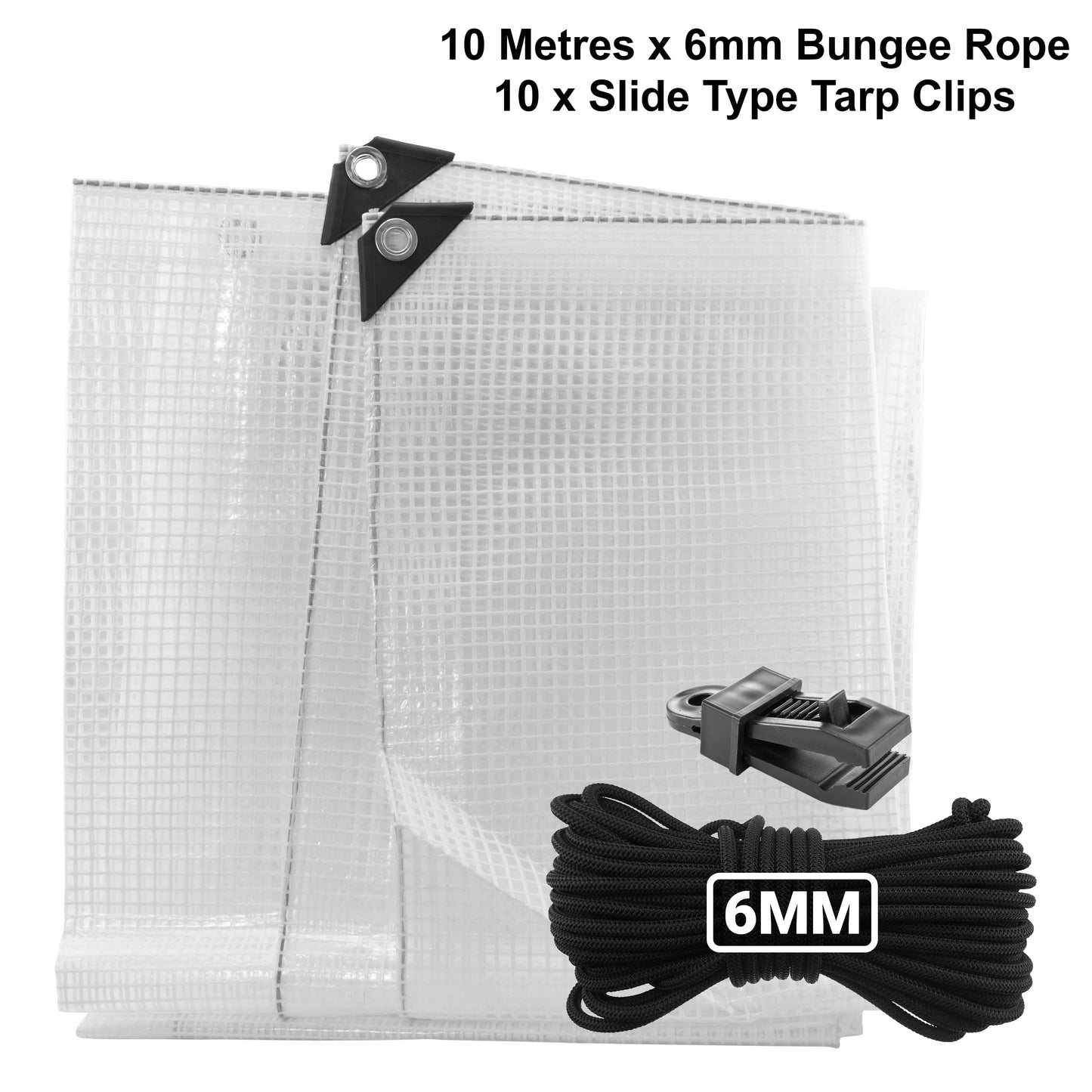 Klare XL-Plane mit 6-mm-Bungee-Seil und 10 Schieber-Tarpclips, transparentem Gewebe