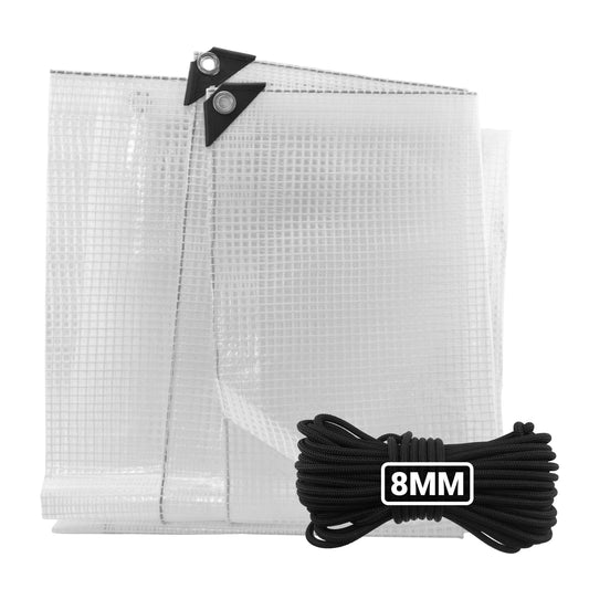 Clear XL-grade tarpaulin sheet with black corner tabs and grommets