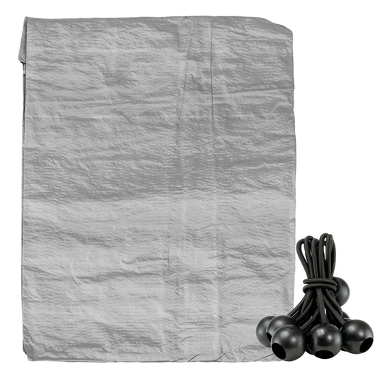 Grey tarpaulin sheet with reinforced edges and tie grommets