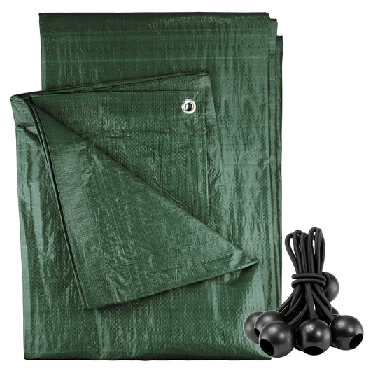 Green tarpaulin sheet with grommet and folded overlapping panels