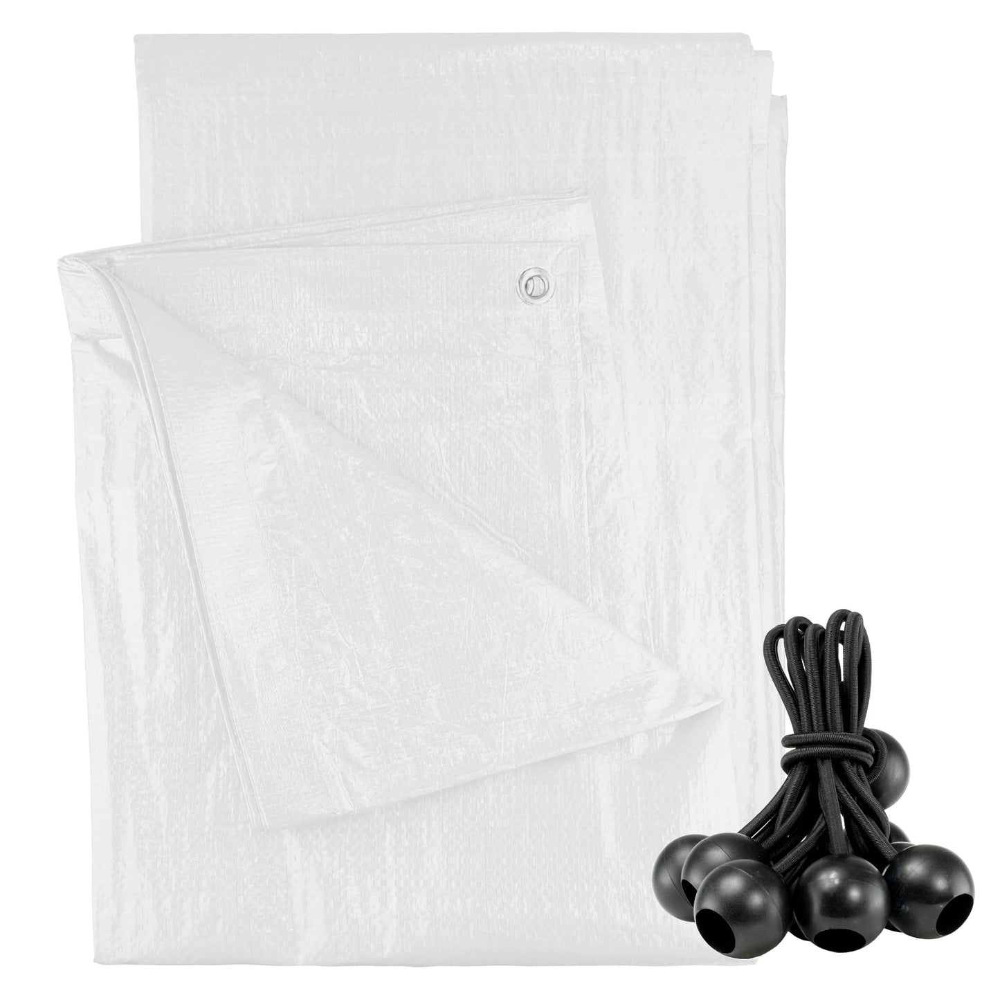 White tarpaulin sheet with grommets and 10 black bungee balls set