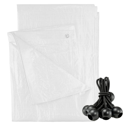 White tarpaulin sheet with grommets and 10 black bungee balls set