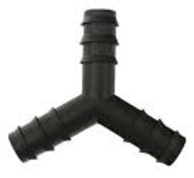 Y-tee fitting for 1/2" irrigation pipe, black plastic with barbed ends