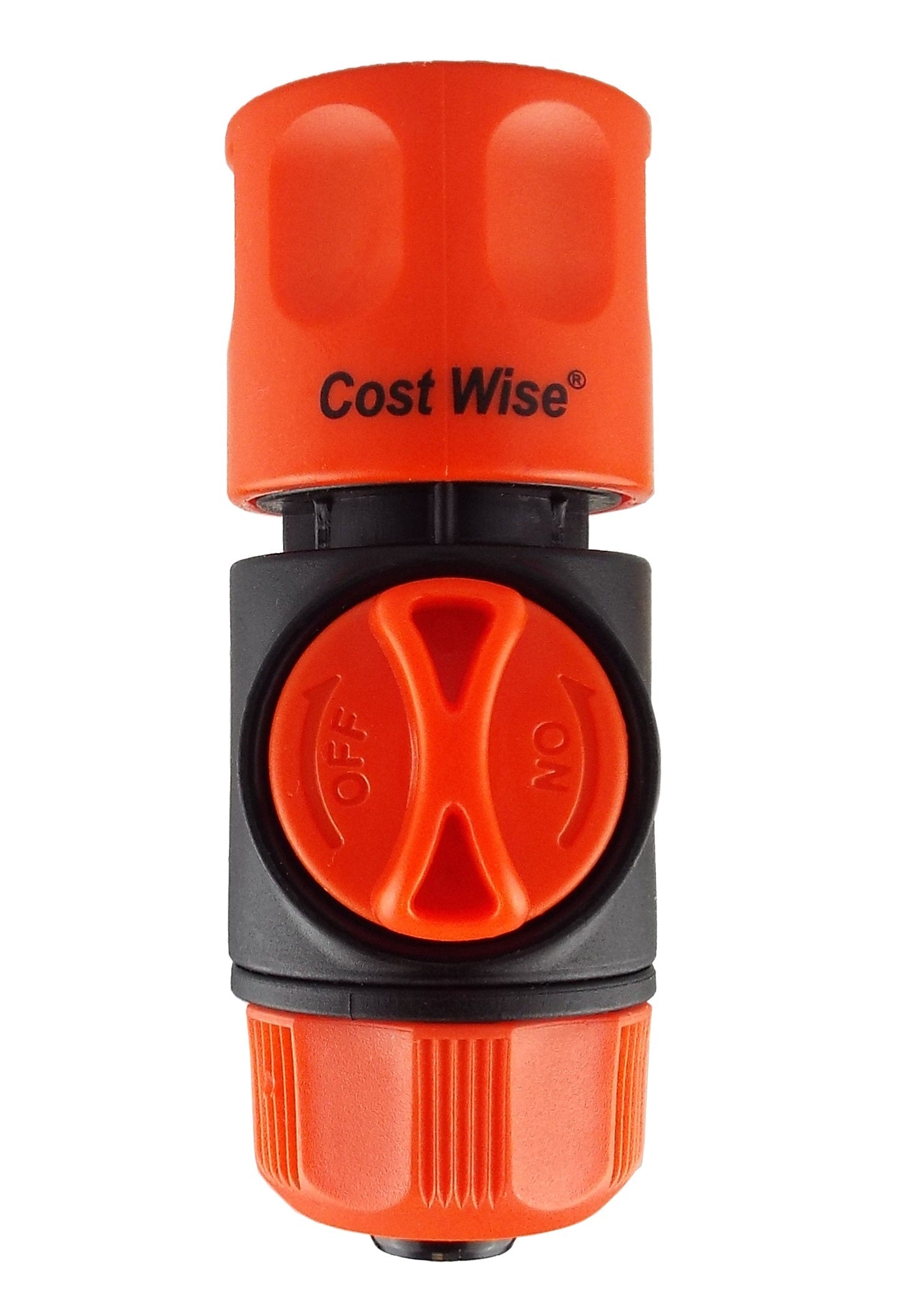 Hose connector valve with labeled ON/OFF control and ridged orange ends