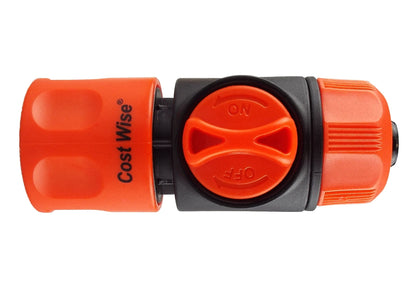 Valve connector with orange ON/OFF dial under black ring, ridged grip ends