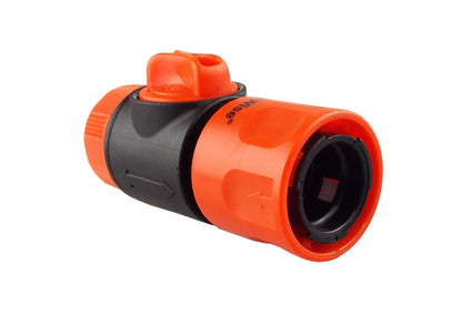 Orange-and-black hose connector with valve, side view and visible connection opening