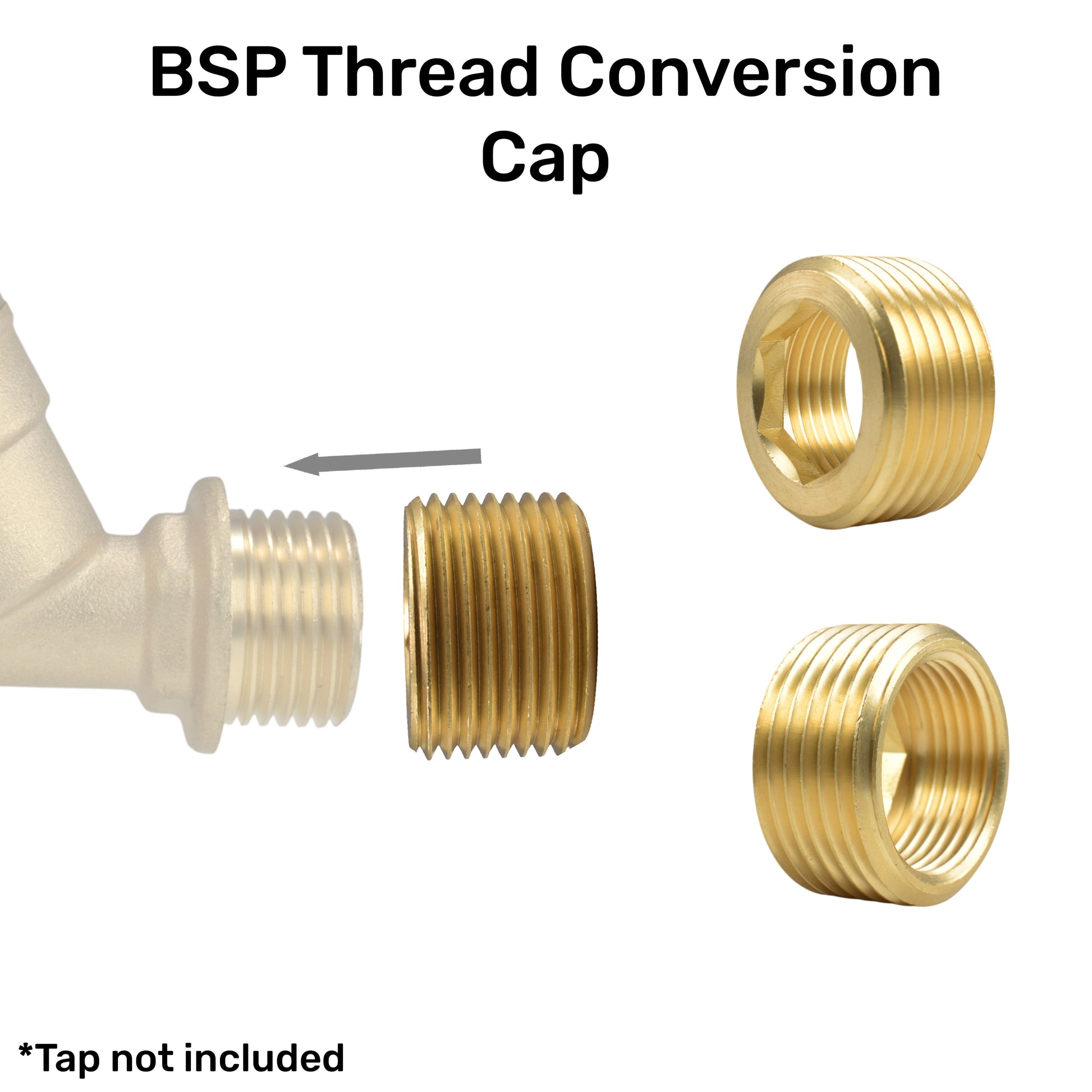 Brass BSP thread conversion cap shown with matching threaded ends, 1" BSPM to 3/4" BSPF