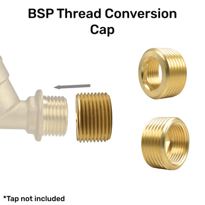 Brass BSP thread conversion cap shown with matching threaded ends, 1" BSPM to 3/4" BSPF
