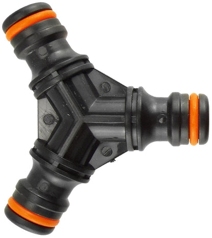 Three-way snap-on male connector, black with orange rings, front-left angle
