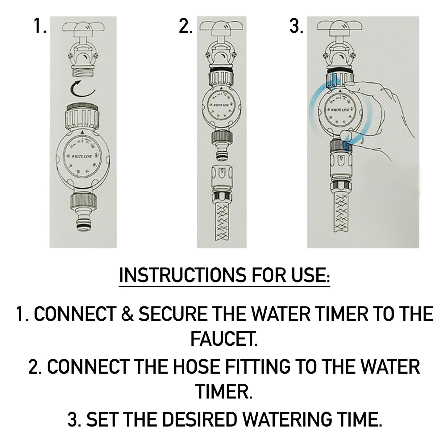 Water timer usage instructions diagram showing 1–3 installation steps