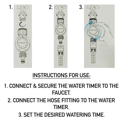 Water timer usage instructions diagram showing 1–3 installation steps