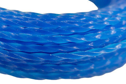 Close-up of blue twisted strimmer line with ridged texture