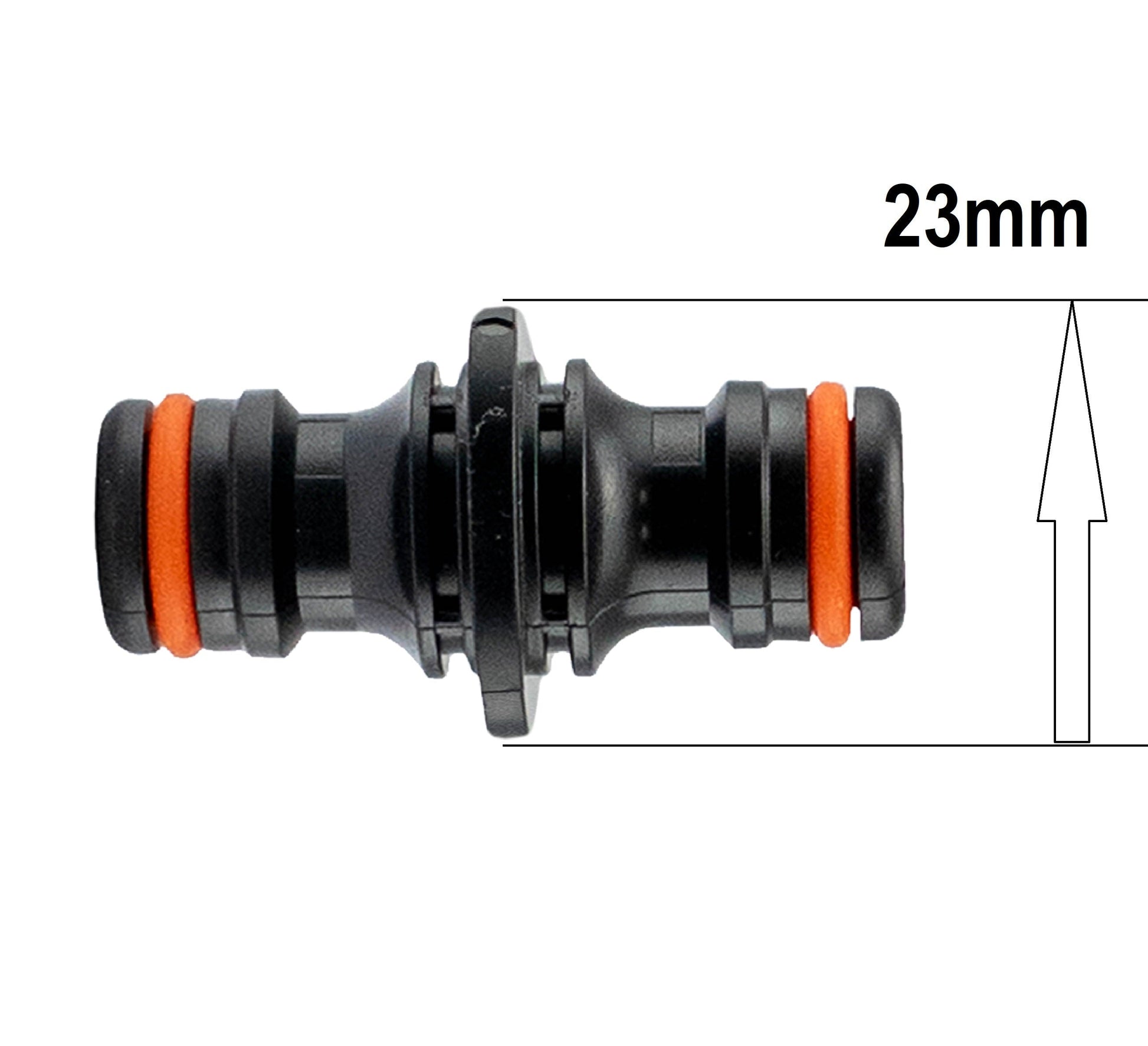 Two Way Male Connector 23mm black, with orange O-rings and locking parts