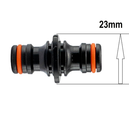Two Way Male Connector 23mm black, with orange O-rings and locking parts