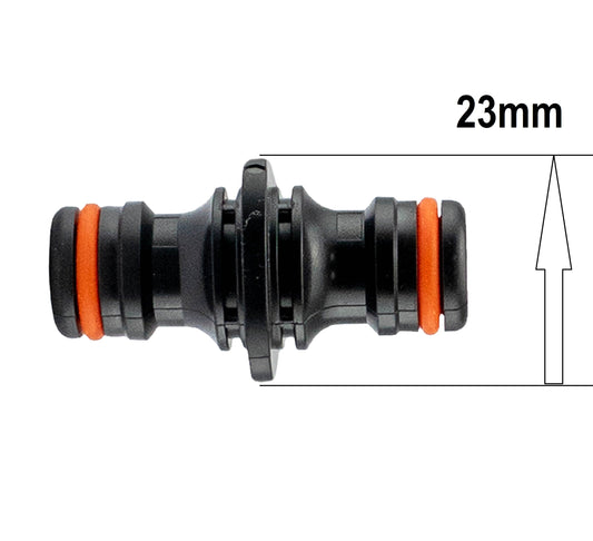 Two Way Male Connector 23mm black, with orange O-rings and locking parts