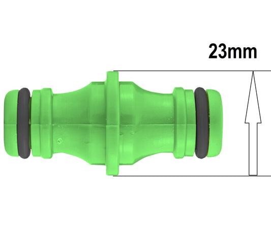 23mm green male two-way connector with black sealing rings, straight hose joiner