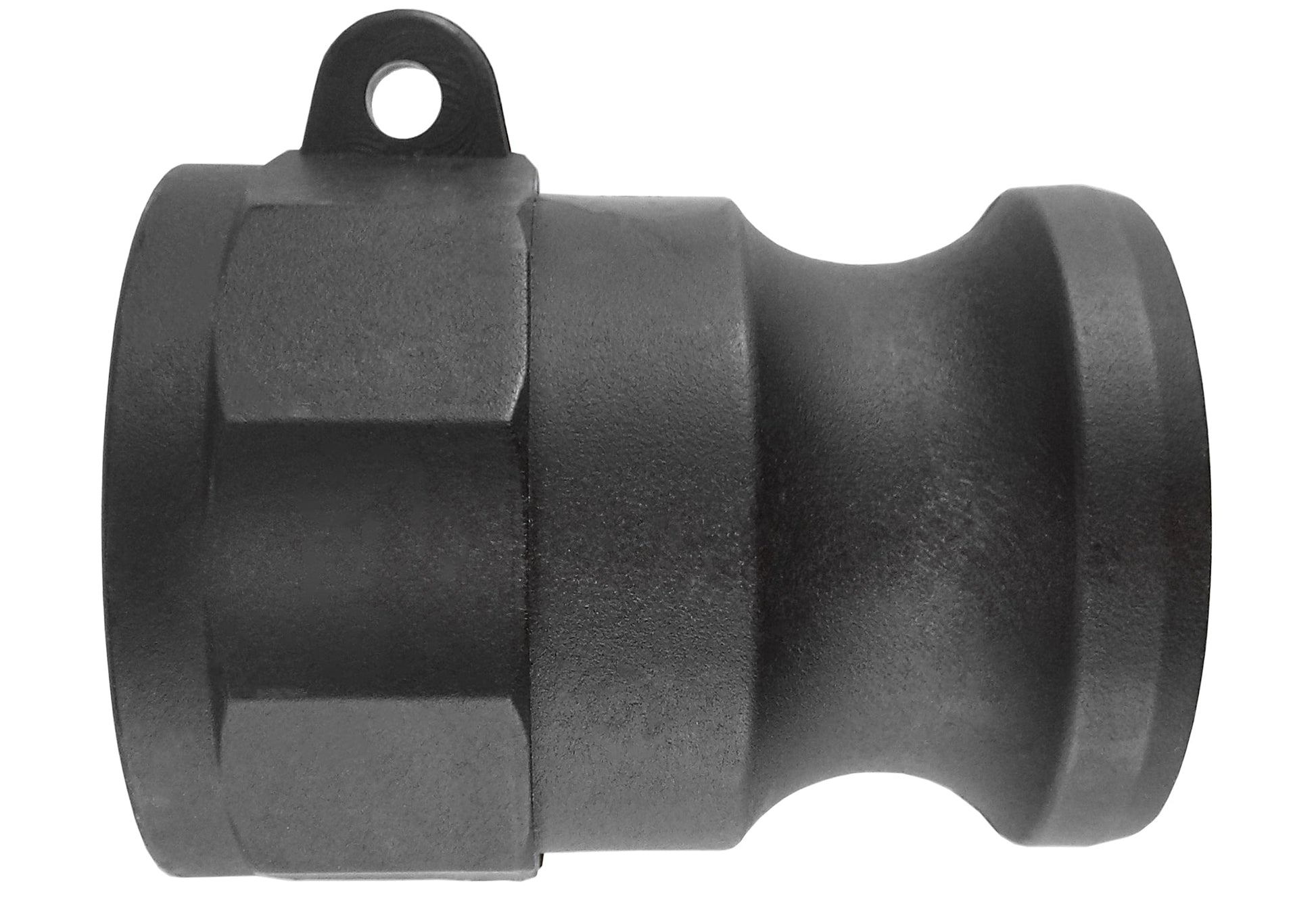 Camlock Type A 1in coupler in black with side profile and integrated mounting loop