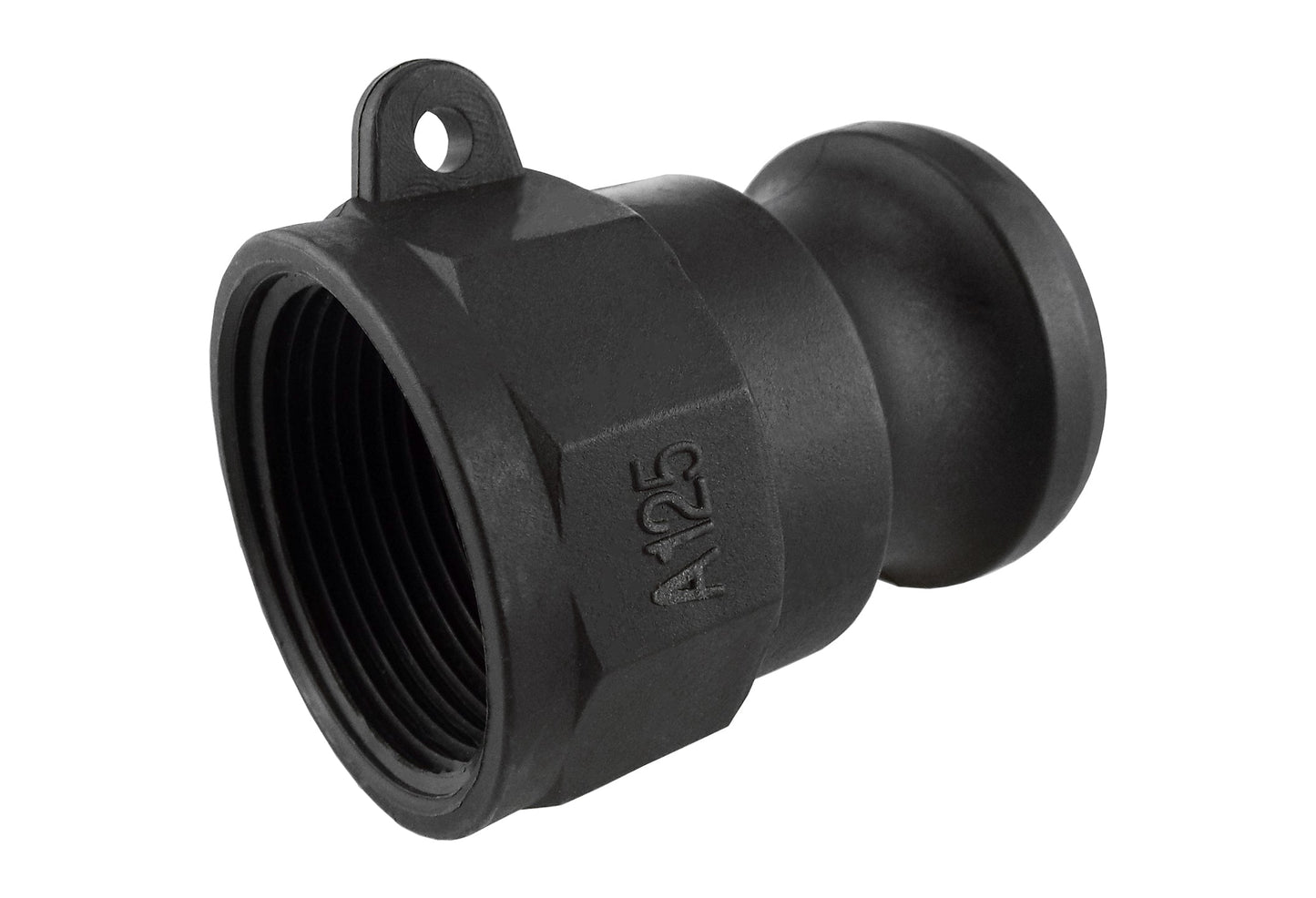 Camlock Type A 1/2" black threaded inlet with logo detail and mounting loop