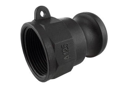 Camlock Type A 1/2" black threaded inlet with logo detail and mounting loop