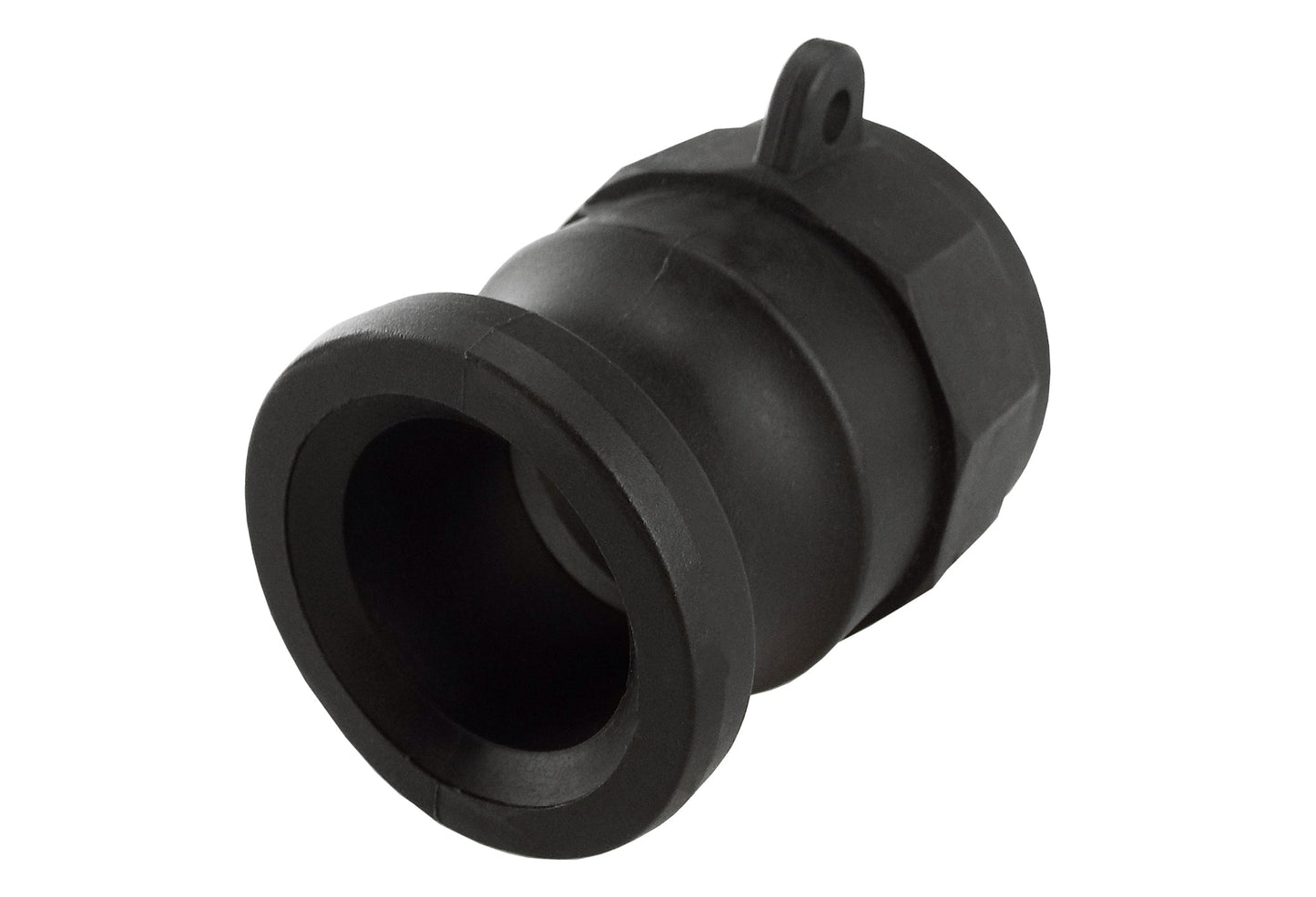Camlock Type A 1in black cam fitting with visible opening and end profile