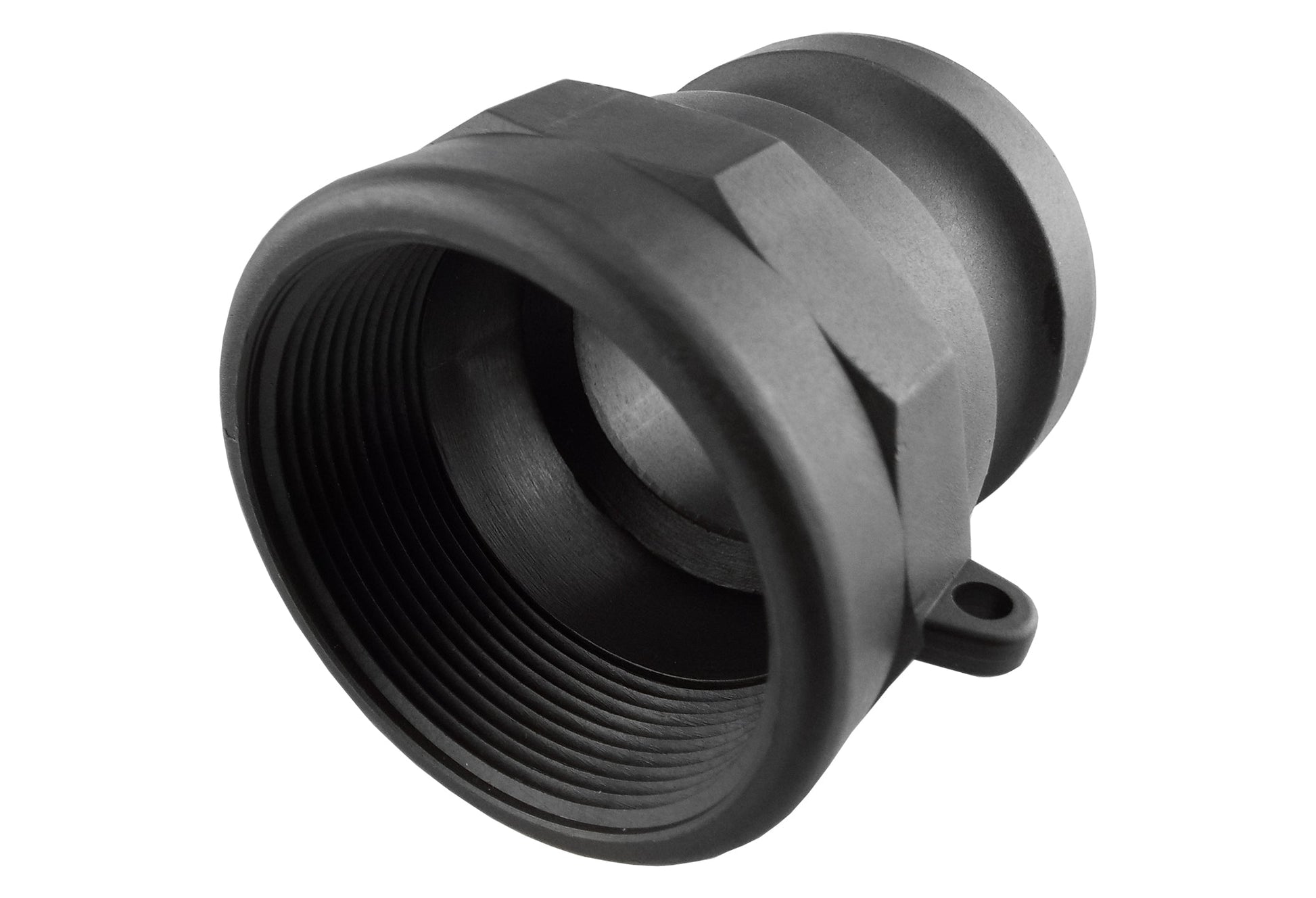 Camlock Type A 4 inch black connector showing internal threading and port