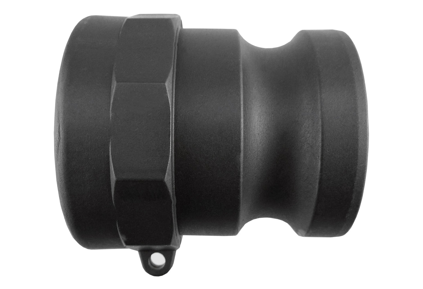 Camlock Type A 1in black connector, hex-style nut section with front opening