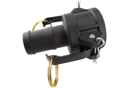 Camlock Type C 1/2" Kupplung, seitliche Ansicht: schwarz mit Federbügel und Clips