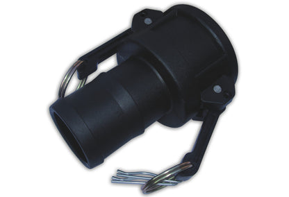Black Camlock Type C 2" quick-connect with metal pins and visible locking latch