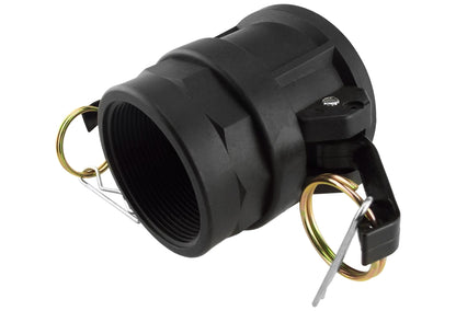Camlock Type D 3/4 in black quick-connect with threaded coupler and safety clip