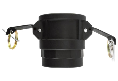 Camlock Type D 1" black coupling front view with side rings and latch handles