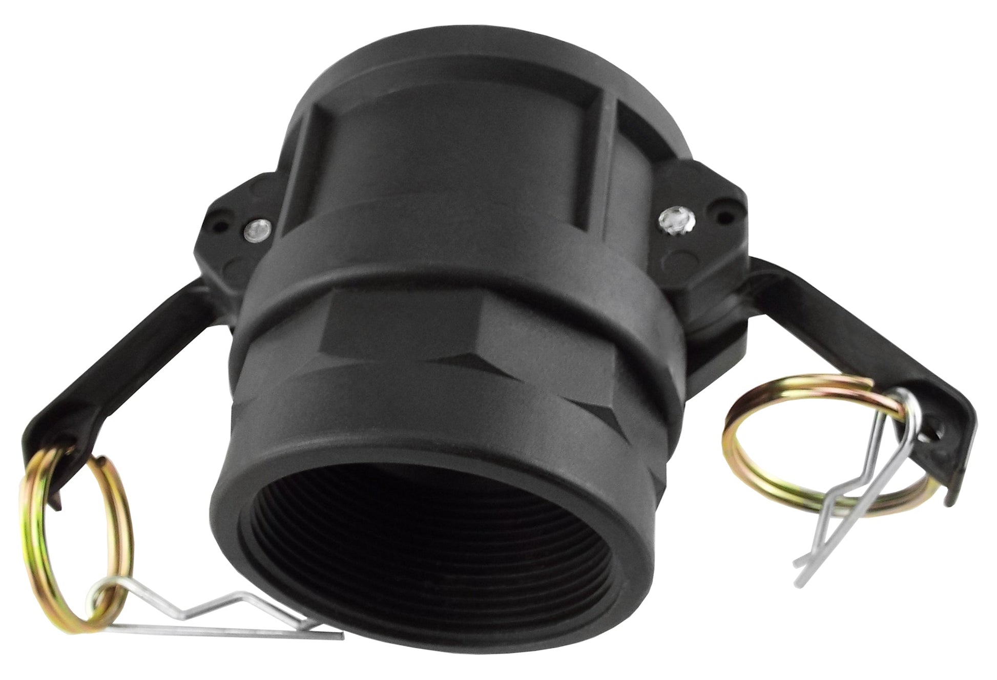 Camlock Type D 3/4 coupler with front opening, latch arms and wire retaining rings