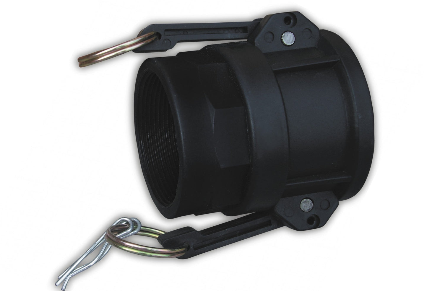 Camlock Type D 2" black camlock coupling with side pins and metal ring clips