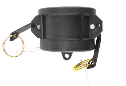 Camlock Type DC 1" black coupler body with strap, fasteners, and gold wire loops